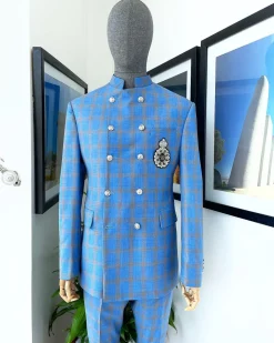 An Azure blue and apricot orange glen check “preacher” double breasted safari suit