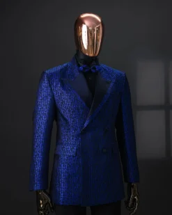 An Azure Blue And Black, Peak Lapel, Double-Breasted Jacquard Jacket.