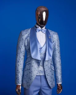 An Azure blue, knitted, star studded metallic jacquard, shawl lapel tuxedo suit.