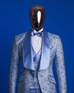 An Azure blue, knitted, star studded metallic jacquard, shawl lapel tuxedo suit.