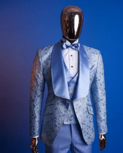 An Azure blue, knitted, star studded metallic jacquard, shawl lapel tuxedo suit.