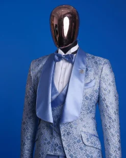 An Azure blue, knitted, star studded metallic jacquard, shawl lapel tuxedo suit.