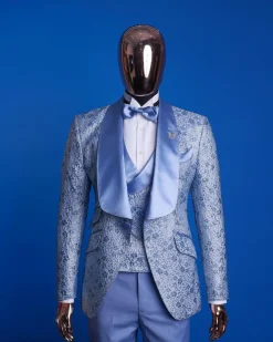 An Azure blue, knitted, star studded metallic jacquard, shawl lapel tuxedo suit.