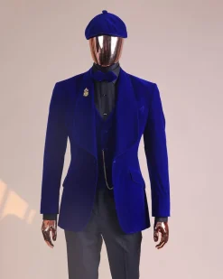An Azure Blue, Soaked Velvet Fabric, Knitted, Shawl Lapel Tuxedo Suit