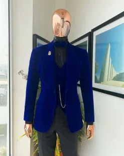 An Azure Blue, Soaked Velvet Fabric, Knitted, Shawl Lapel Tuxedo Suit