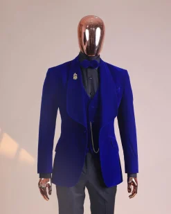 An Azure Blue, Soaked Velvet Fabric, Knitted, Shawl Lapel Tuxedo Suit