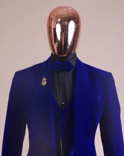 An Azure Blue, Soaked Velvet Fabric, Knitted, Shawl Lapel Tuxedo Suit