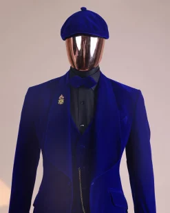 An Azure Blue, Soaked Velvet Fabric, Knitted, Shawl Lapel Tuxedo Suit