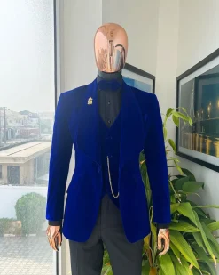An Azure Blue, Soaked Velvet Fabric, Knitted, Shawl Lapel Tuxedo Suit