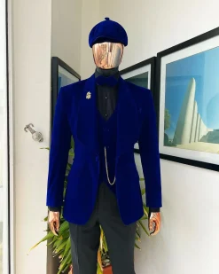 An Azure Blue, Soaked Velvet Fabric, Knitted, Shawl Lapel Tuxedo Suit