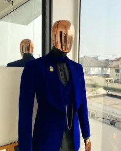An Azure Blue, Soaked Velvet Fabric, Knitted, Shawl Lapel Tuxedo Suit