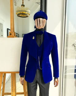 An Azure Blue, Soaked Velvet Fabric, Knitted, Shawl Lapel Tuxedo Suit