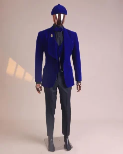 An Azure Blue, Soaked Velvet Fabric, Knitted, Shawl Lapel Tuxedo Suit