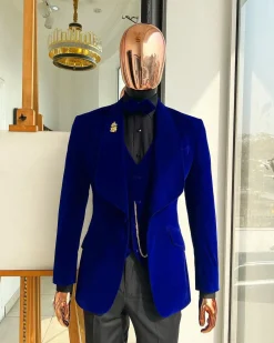 An Azure Blue, Soaked Velvet Fabric, Knitted, Shawl Lapel Tuxedo Suit