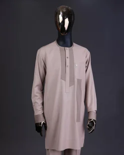 An ecru brown, front flap with clear view Swarovski button details kaftan And sokoto