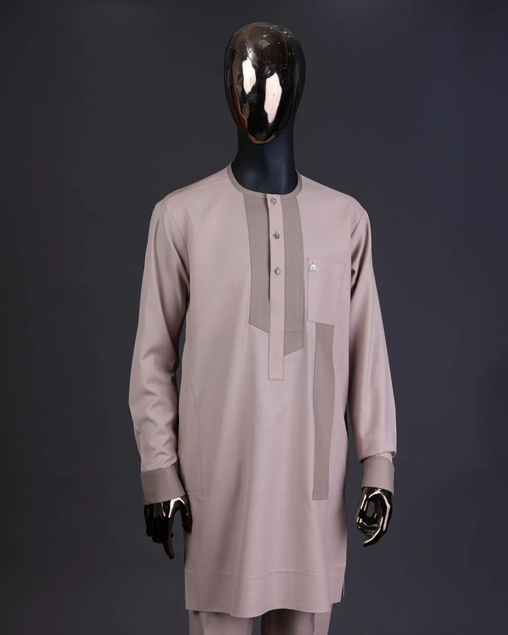 An ecru brown, front flap with clear view Swarovski button details kaftan And sokoto