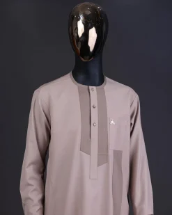 An ecru brown, front flap with clear view Swarovski button details kaftan And sokoto