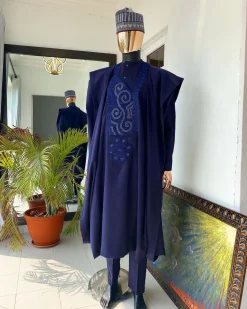 An Egg plant Purple and Blue Embroidery African tailored Agbada