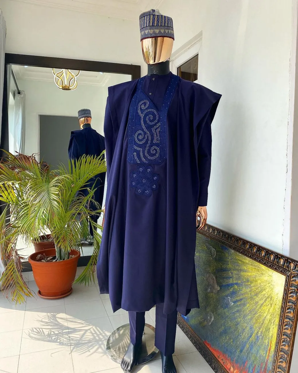 An Egg plant Purple and Blue Embroidery African tailored Agbada