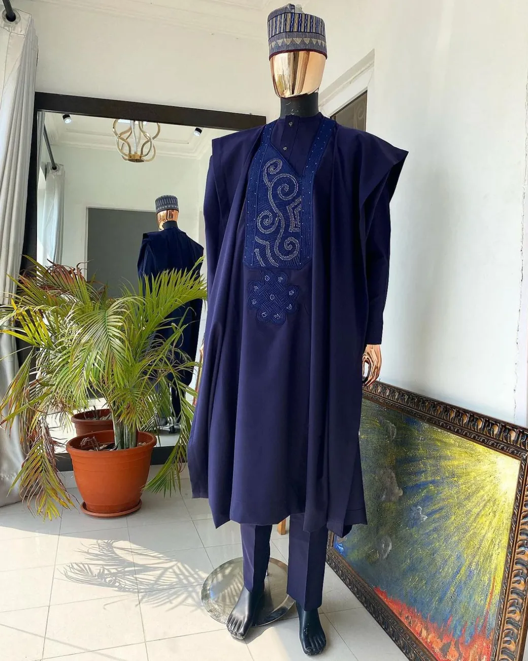 An Egg plant Purple and Blue Embroidery African tailored Agbada