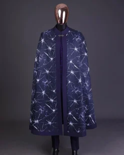 An egg plant purple, cyber stars splashed 3D print cape, long sleeve African senator safari kaftan native & sokoto
