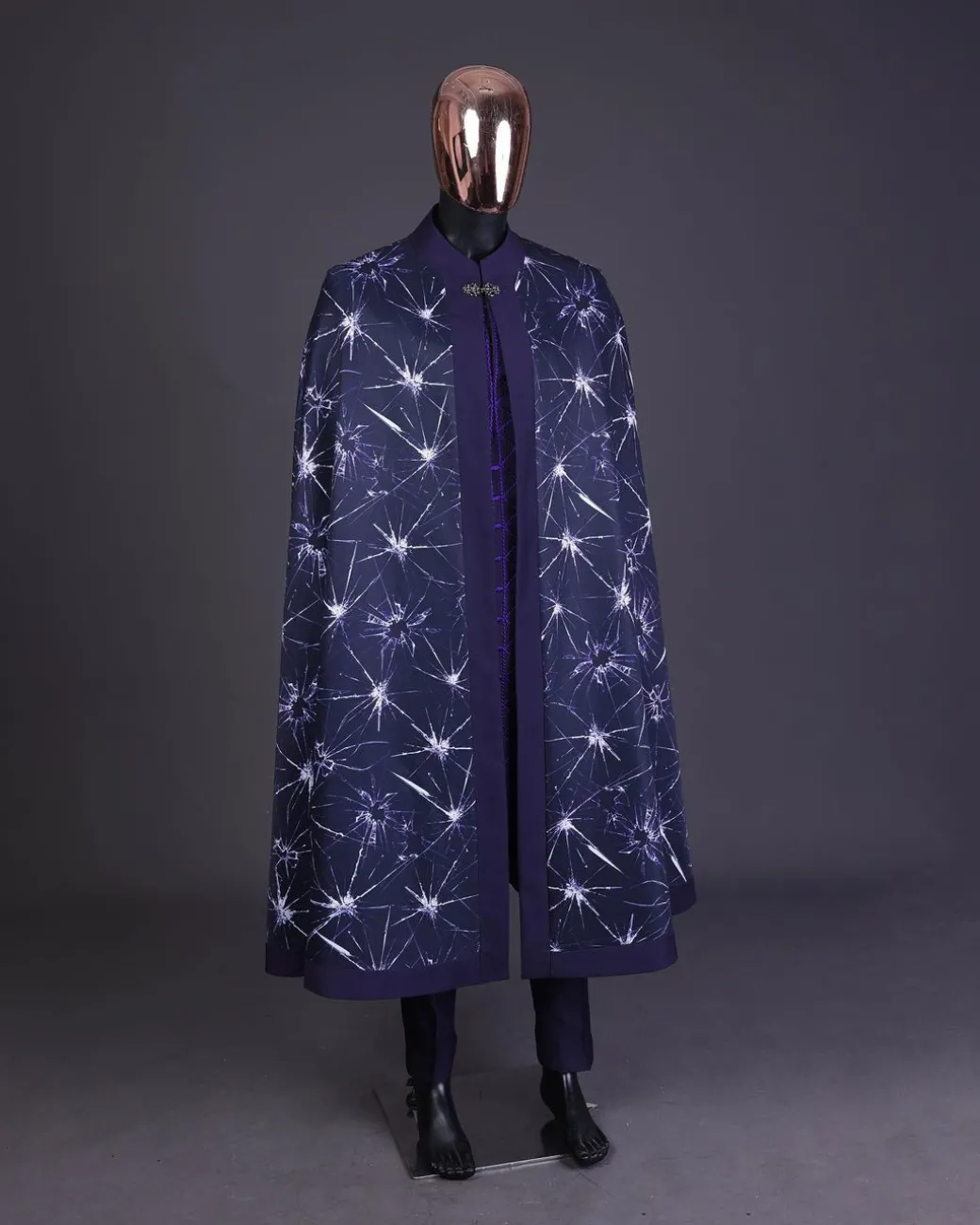 An egg plant purple, cyber stars splashed 3D print cape, long sleeve African senator safari kaftan native & sokoto