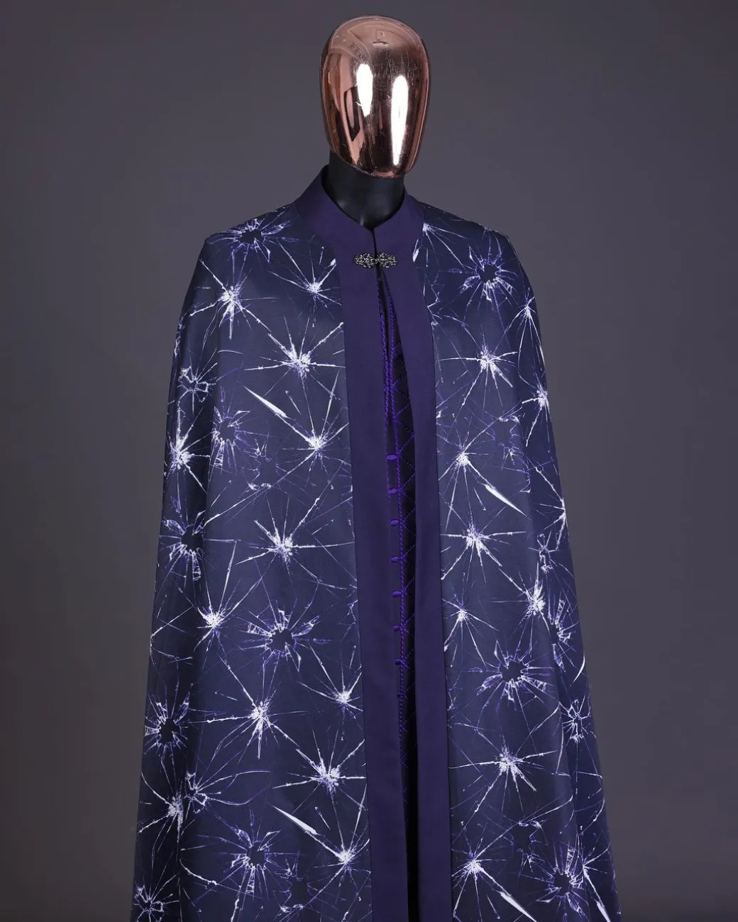 An egg plant purple, cyber stars splashed 3D print cape, long sleeve African senator safari kaftan native & sokoto