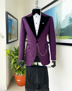 An Egg plant purple, peak lapel, floral patterned jacquard tuxedo suit