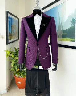 An Egg plant purple, peak lapel, floral patterned jacquard tuxedo suit