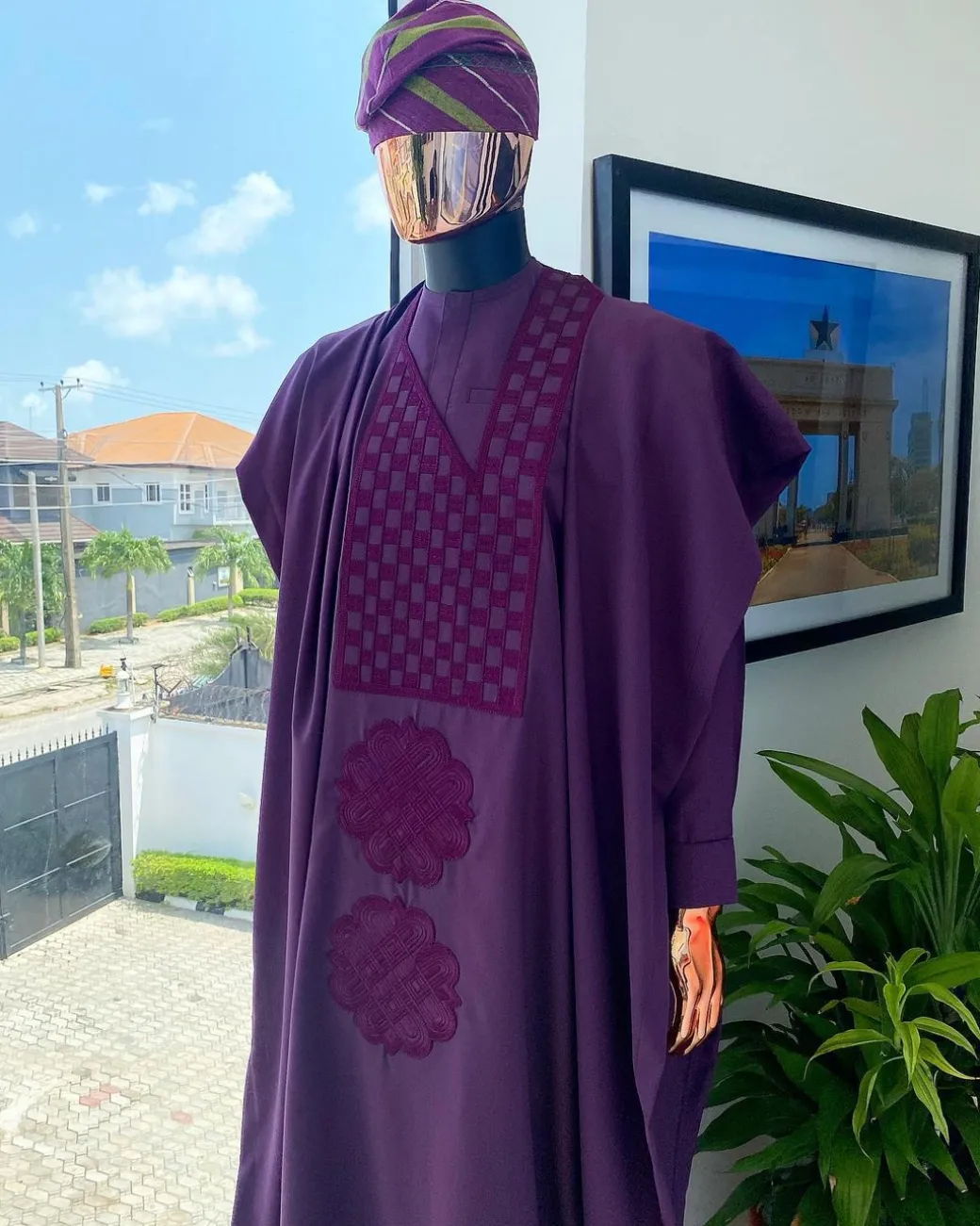 An Egg plant purple, Square and empty interwoven embroidery agbada
