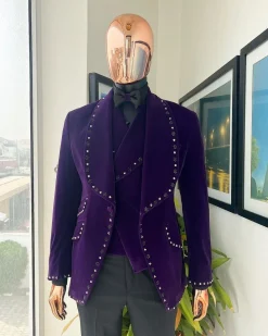 An Egg Plant Purple Velvet Shawl Lapel Tuxedo Suit
