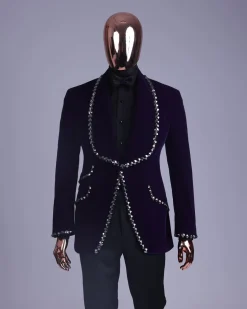 An egg plant purple velvet shawl lapel tuxedo suit, laced with jet hematite Swarovski stones