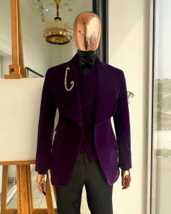 An Egg Plant Purple Velvet Shawl Lapel Tuxedo Suit