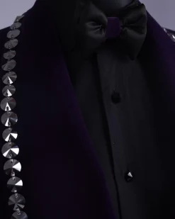 An egg plant purple velvet shawl lapel tuxedo suit, laced with jet hematite Swarovski stones