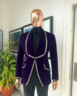 An egg plant purple velvet shawl lapel tuxedo suit, laced with jet hematite Swarovski stones