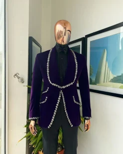 An egg plant purple velvet shawl lapel tuxedo suit, laced with jet hematite Swarovski stones