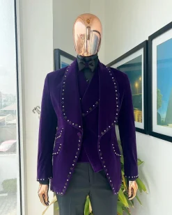 An Egg Plant Purple Velvet Shawl Lapel Tuxedo Suit