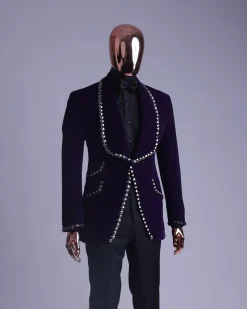 An egg plant purple velvet shawl lapel tuxedo suit, laced with jet hematite Swarovski stones