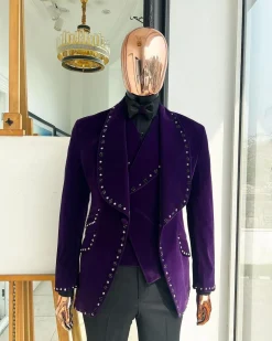 An Egg Plant Purple Velvet Shawl Lapel Tuxedo Suit