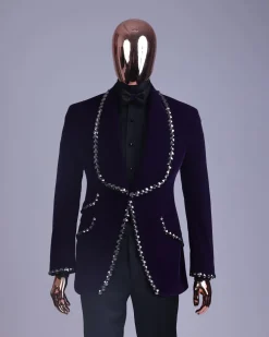 An egg plant purple velvet shawl lapel tuxedo suit, laced with jet hematite Swarovski stones
