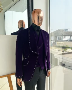 An Egg Plant Purple Velvet Shawl Lapel Tuxedo Suit
