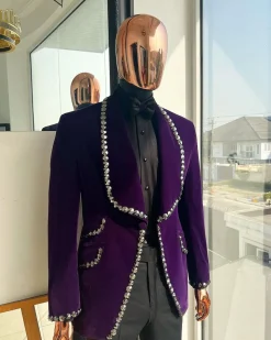 An egg plant purple velvet shawl lapel tuxedo suit, laced with jet hematite Swarovski stones