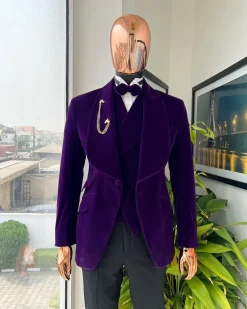 An Egg Plant Purple Velvet Shawl Lapel Tuxedo Suit