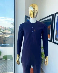 An Eggplant purple, front flap, blue clear view glass Swarovski buttons detailing African traditional senator kaftan native
