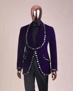 An Eggplant Purple Velvet Shawl Lapel Tuxedo Suit, laced with rectangle and octagonal jet hematite Swarovski stones