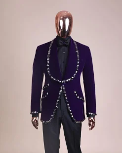 An Eggplant Purple Velvet Shawl Lapel Tuxedo Suit, laced with rectangle and octagonal jet hematite Swarovski stones