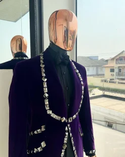 An Eggplant Purple Velvet Shawl Lapel Tuxedo Suit, laced with rectangle and octagonal jet hematite Swarovski stones