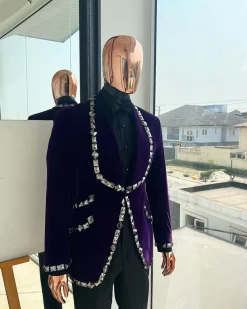 An Eggplant Purple Velvet Shawl Lapel Tuxedo Suit, laced with rectangle and octagonal jet hematite Swarovski stones