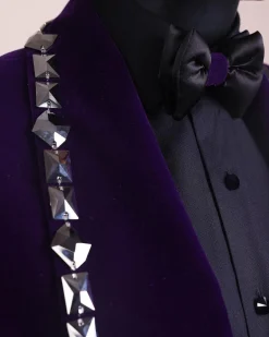 An Eggplant Purple Velvet Shawl Lapel Tuxedo Suit, laced with rectangle and octagonal jet hematite Swarovski stones
