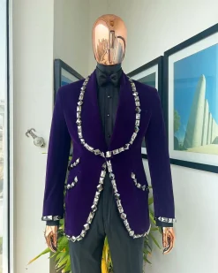 An Eggplant Purple Velvet Shawl Lapel Tuxedo Suit, laced with rectangle and octagonal jet hematite Swarovski stones